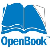 Icon for the OpenBook program, showing a blue and white book with pages turning