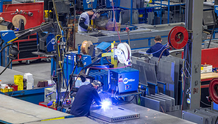 Overhead shot of the welding operation in a manufacturing setting
